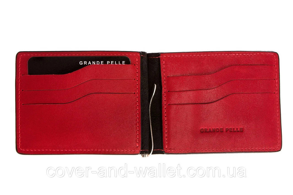 Стильний затискач для грошей та карток з натуральної шкіри червоний з чорним Grande Pelle Onda Київ - фото 6