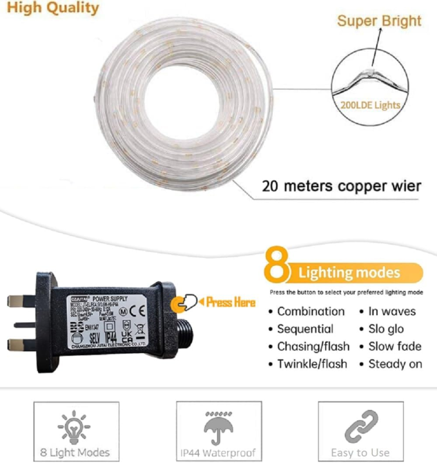 Вулична гірлянда RcStarry 30 м, 300 LED, тепле жовтогаряче світло, у ПВХ трубці, з пультом ДУ, IP65 Київ - фото 16