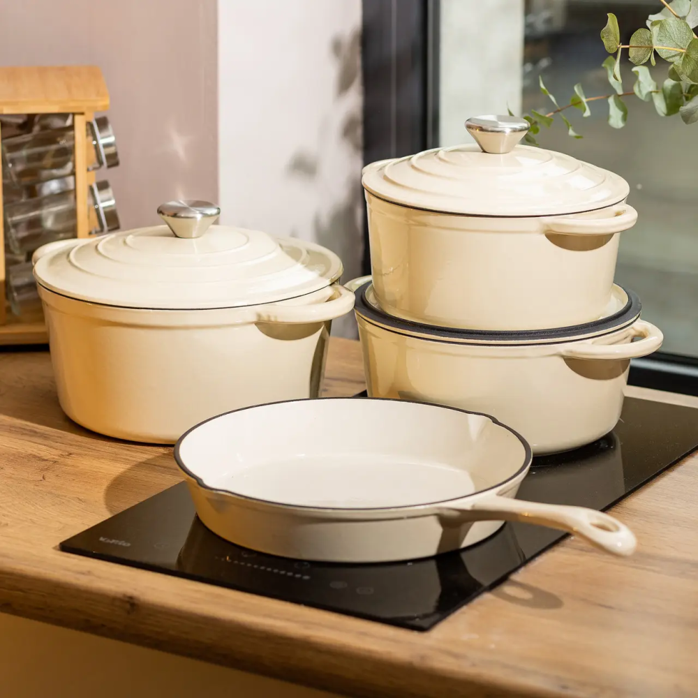 Набір чавунного посуду 1/2/3/4 л емальований 3 каструлі сковорода, комплект кухонного начиння для готування Бежевий HP-1-6-WHITE Коломия - фото 2