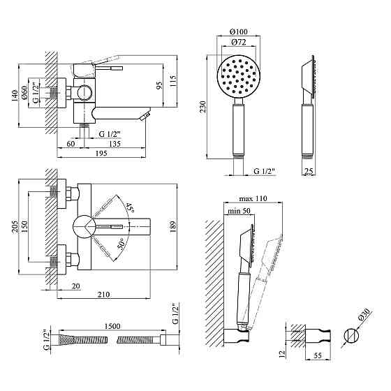 Змішувач для ванни Kroner KRP Edelstahl Klassisch - ESG060 з душовим гарнітуром, сатин Київ