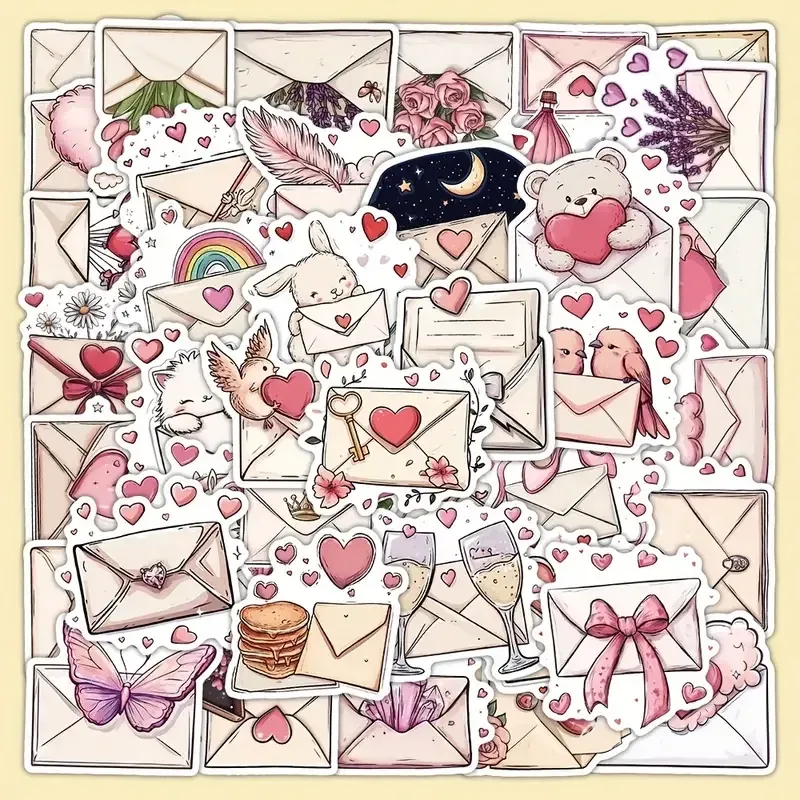 Набор стикеров конверты с сердечками 55 шт – романтические наклейки Love, водостойкие виниловые Киев - изображение 1