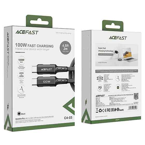 Кабель ACEFAST C4-03 Type-C to Type-C 5A, 100W, 2m, nylon, zinc connectors, Black Київ