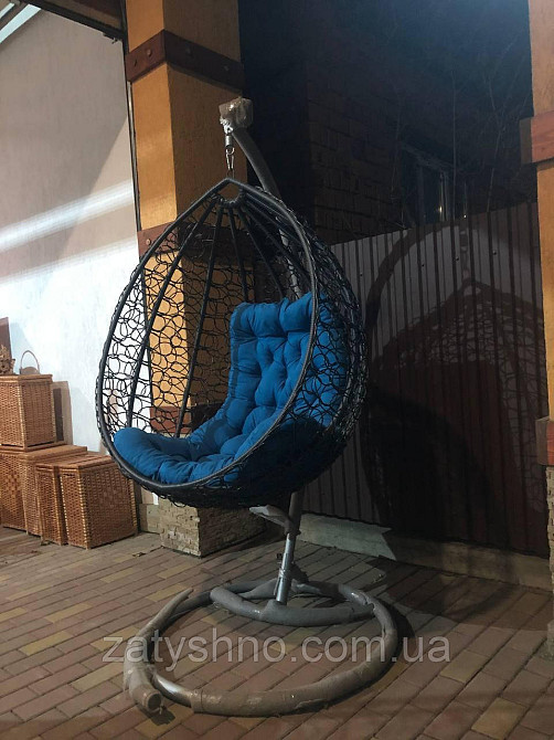 Сірий підвісне кокон-крісло з синьою подушкою Київ - фото 4