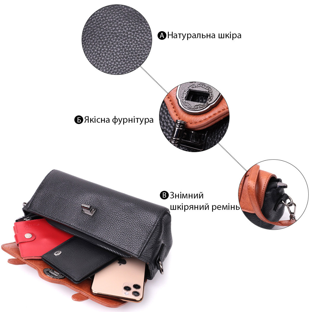 Жіноча сумка у вінтажному стилі з натуральної шкіри Vintage 22349 Чорна Київ - фото 4