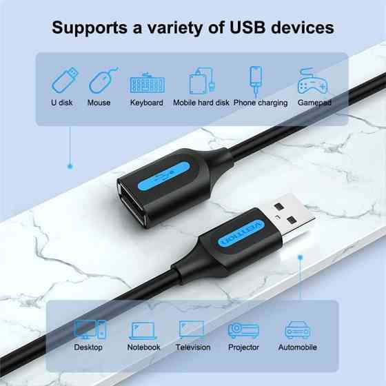 Кабель Vention USB 2.0 удлинитель 1.5м черный Киев