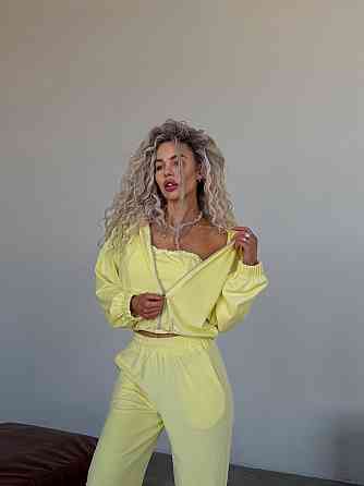 Жіночий велюровий костюм-трійка: кофта корсет і штани Лимонний, 42/46 Одеса