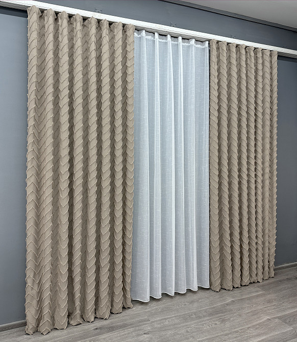 Комплект штор VR-Textil Лен Букле 150х270 2шт и Тюль 500х270 1809ш-115т Тауп с белым 71-043/4 Киев - изображение 3