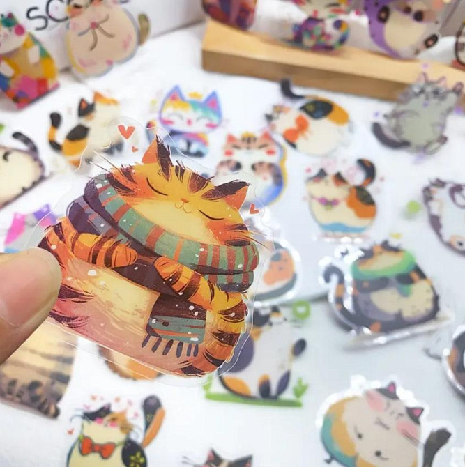 Мультяшные милые кошки, водонепроницаемые виниловые прозрачные наклейки, набор 50 штук. Киев - изображение 5