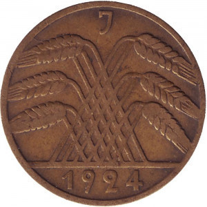 Монета 10 рейхспфеннигов. 1924 (J) рік, Веймарська республіка. (АП) Полтава - фото 1