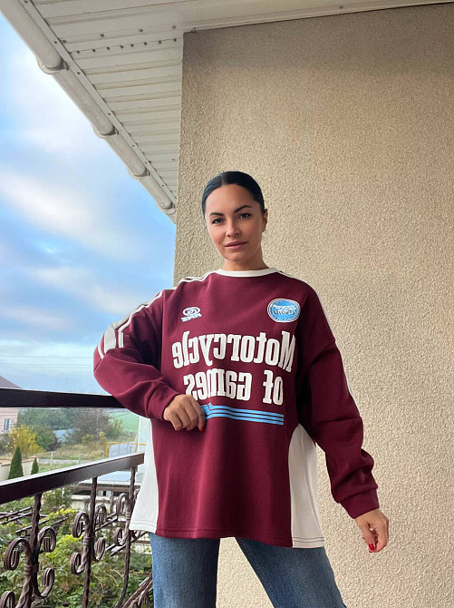 Свитшот женский W 9271 оверсайз широкий покрой надпись лампа утепленная на меху, бордовый, one size Киев - изображение 1