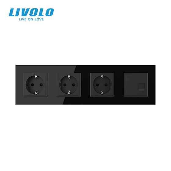 LIVOLO Розетка чотиримісна комбінована Силова Інтернет LIVOLO чорна матова скло Коломыя