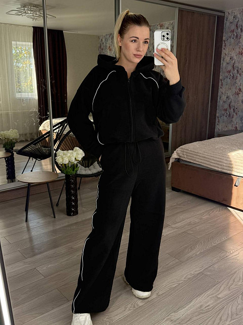 Женский теплый прогулочный костюм двойка с дабл флиса полар Черный, 42/44 Одесса - изображение 1