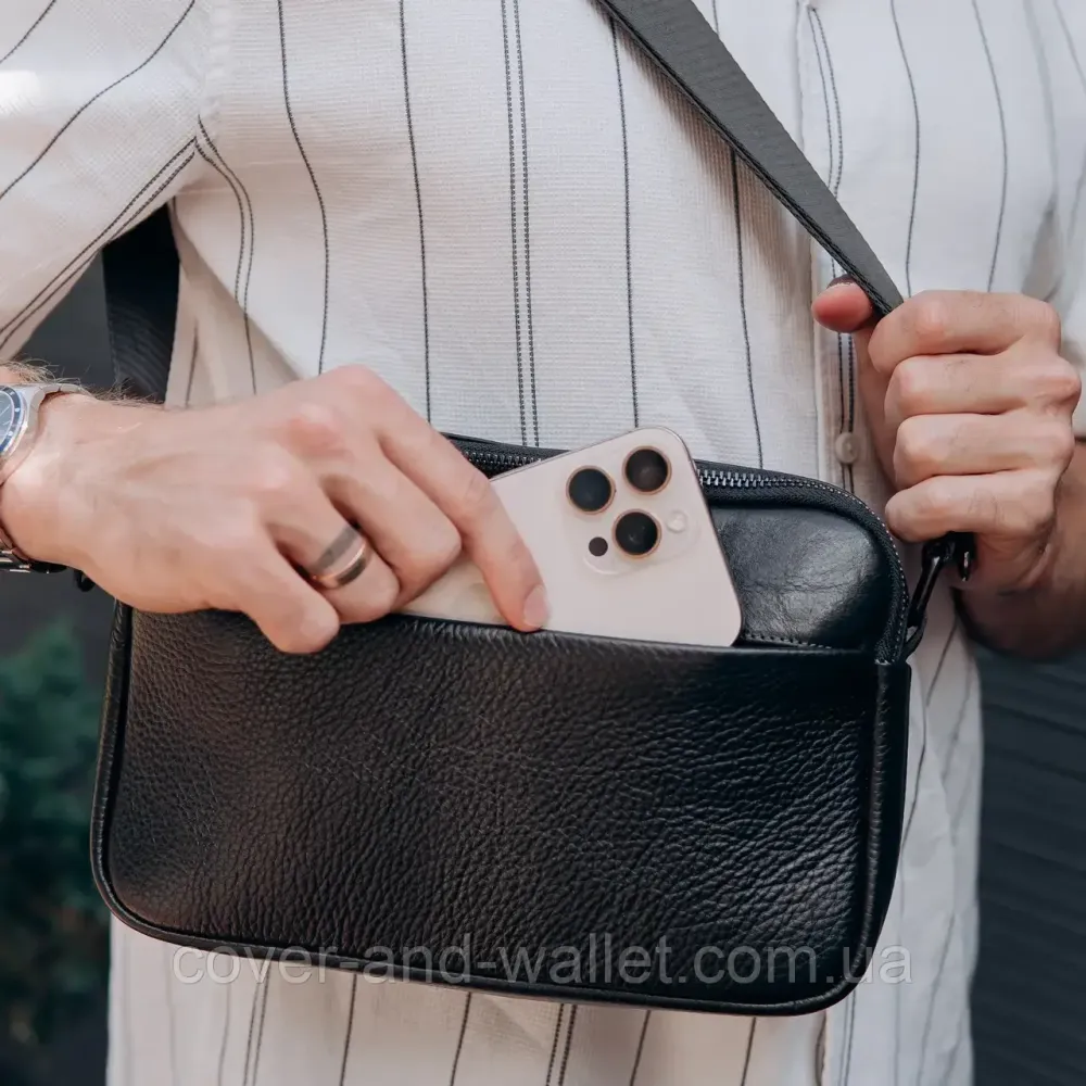 Горизонтальная мужская кожаная сумка кросс-боди черного цвета среднего размера Grande Pelle Киев - изображение 4