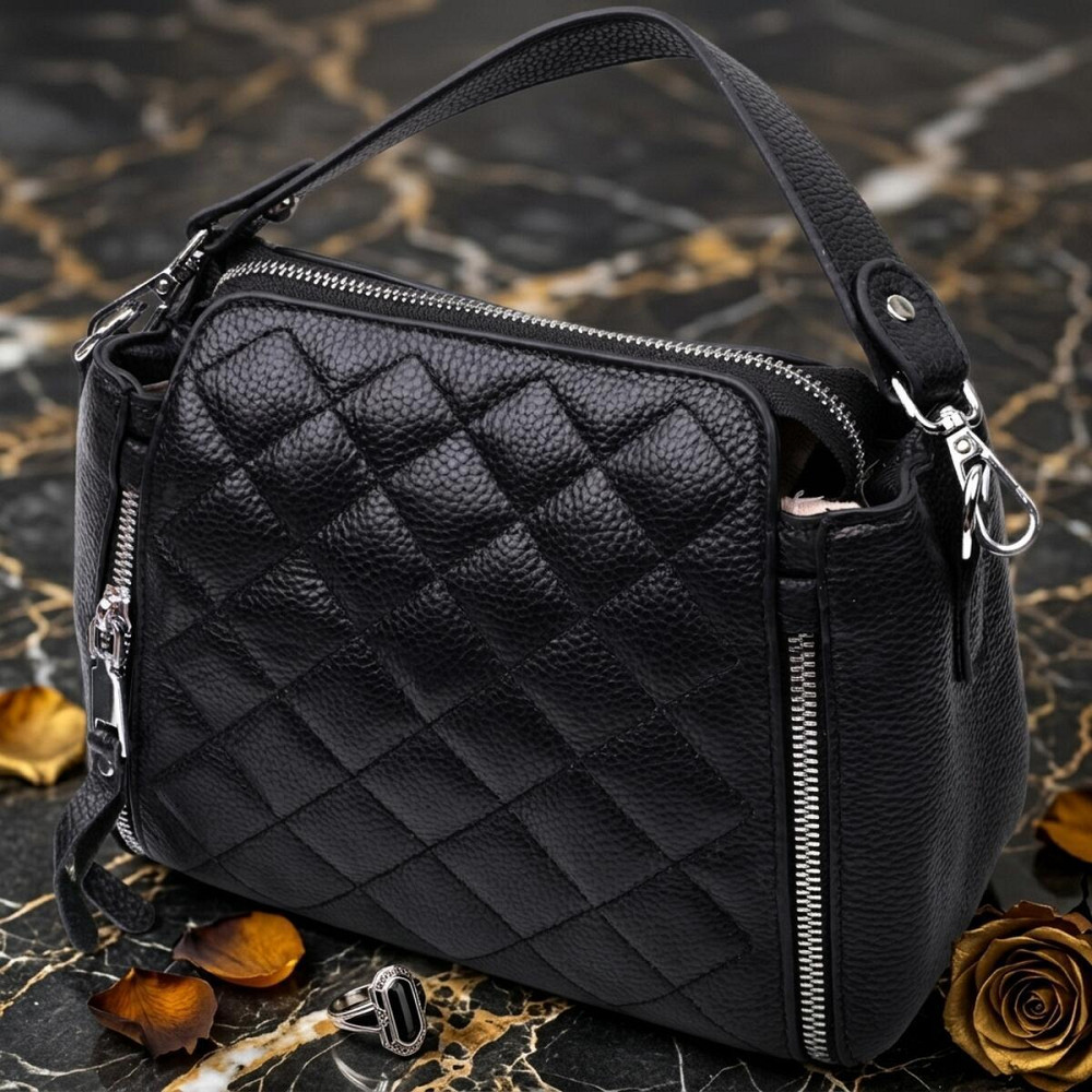 Трендовая сумка для женщин в ромбы из натуральной кожи Vintage 22667 Черная Киев - изображение 11