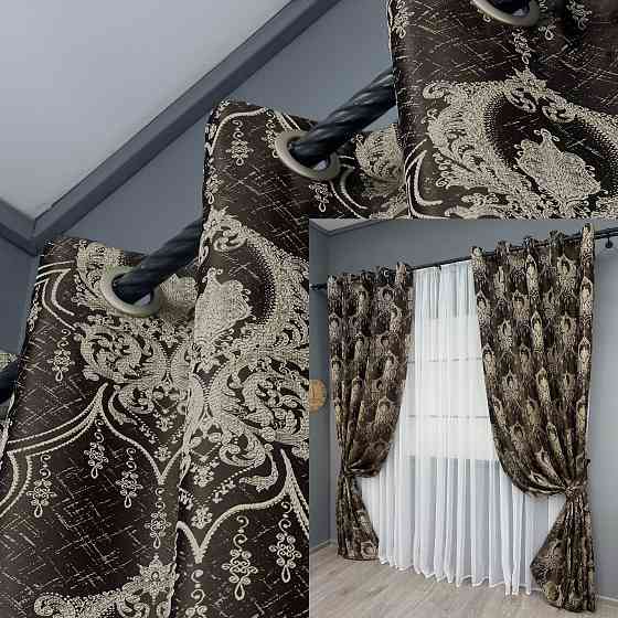 Комплект штор на люверсах VR-Textil Парча № 1774ш Венге з бежевим 155х270 см 2 шт (37-0263) Київ
