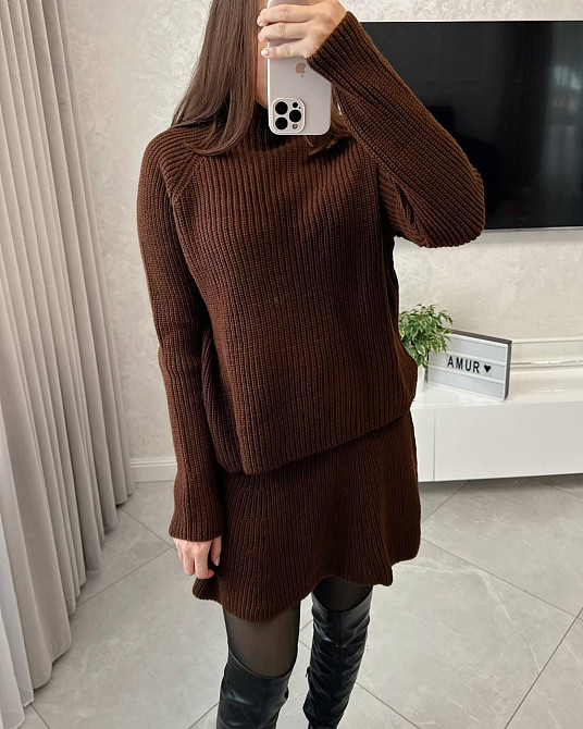 Женский базовый теплый костюм двойка мелкая машинная вязка Шоколад Одесса - изображение 2