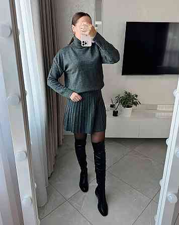 Женский уютный теплый костюм: свитер и юбка мелкая машинная вязка Антрацит Одесса