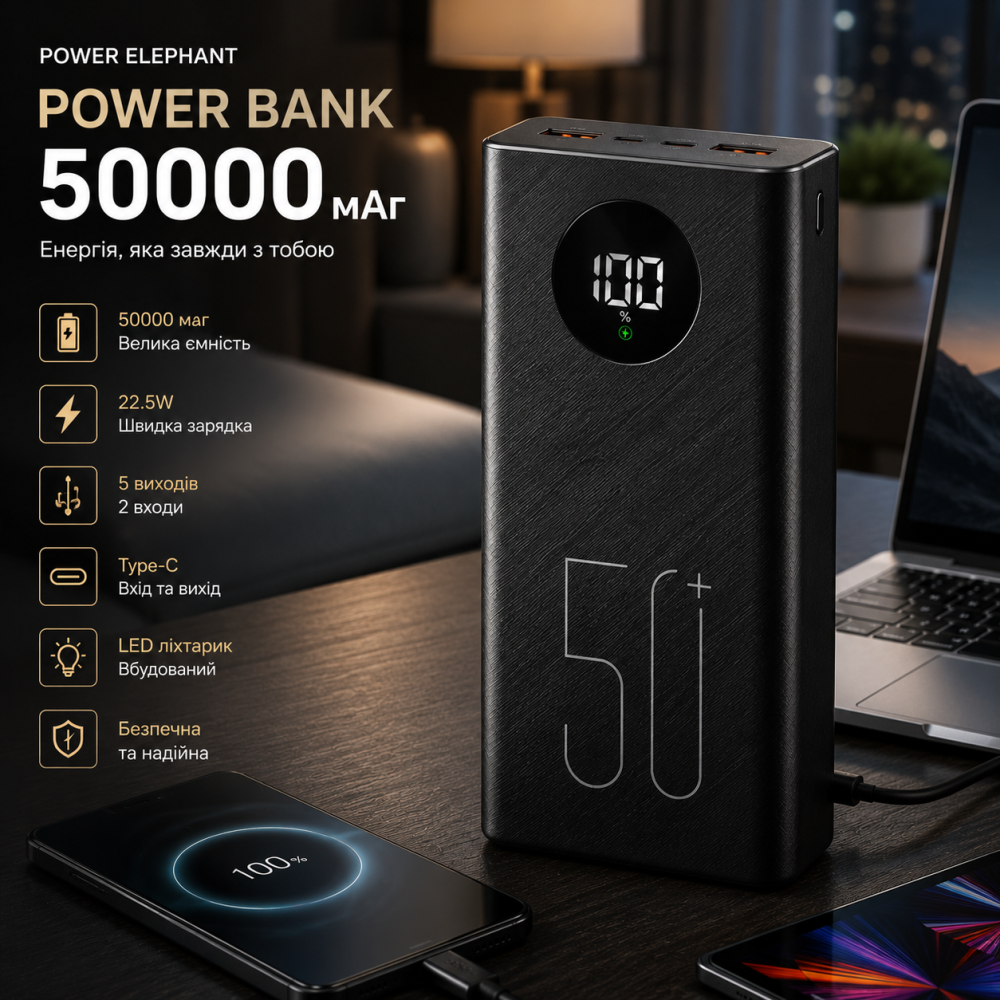 Портативное зарядное устройство PowerElephant Power Bank 50000 мАч, быстрая зарядка 22,5 Вт, 5 выходов, 2 входа, USB Type-C, LED Киев - изображение 9