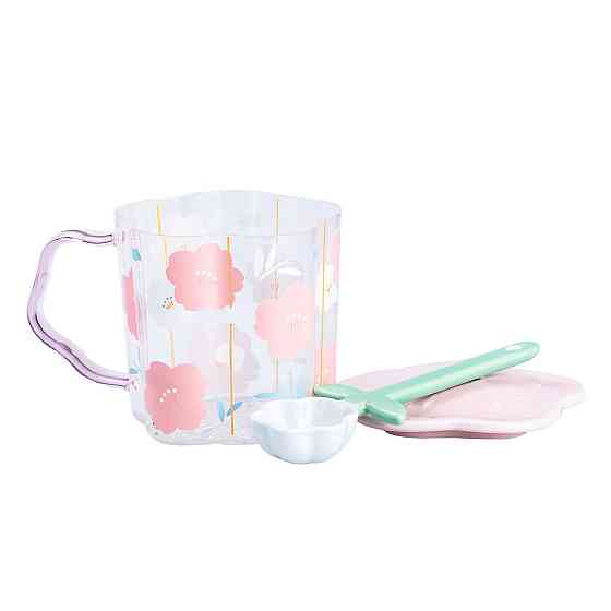 Чашка скляна 500 мл з ложкою та кришкою, Рожевий Київ