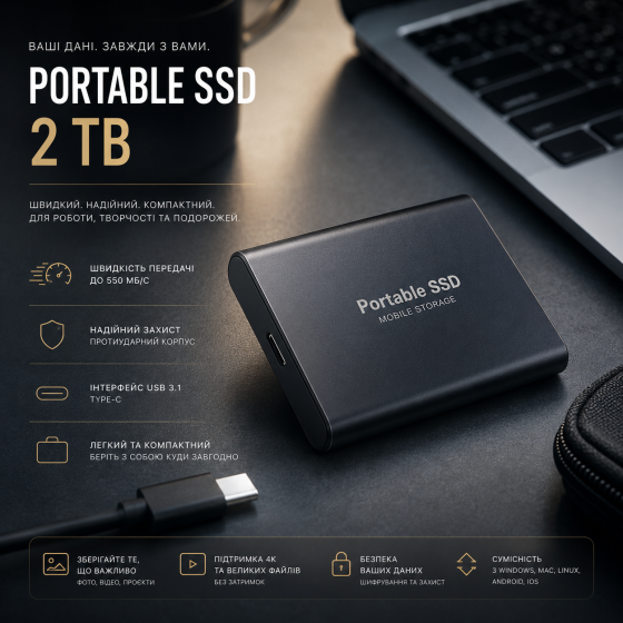 Внешний жесткий диск Портативный SSD 2TB USB 3.1 Type-C, противоударный алюминиевый накопитель черный Киев