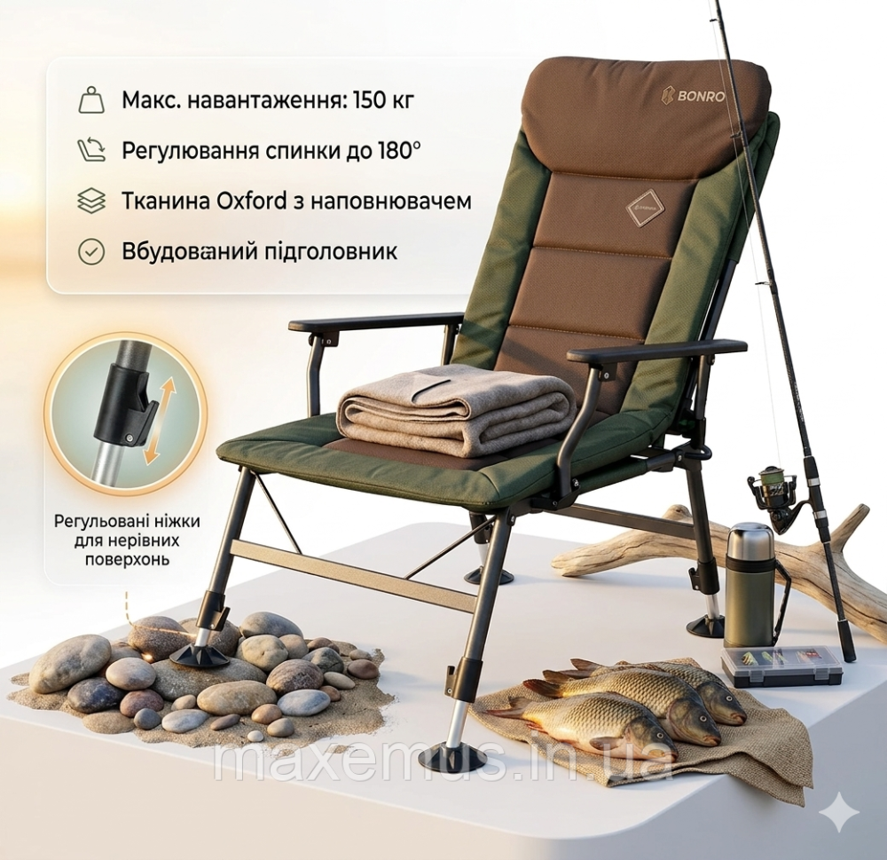 Карповое кресло раскладное для рыбалки Bonro B2 1 темно-зеленое (до 150 кг, спинка 180°) Мостиска - изображение 13