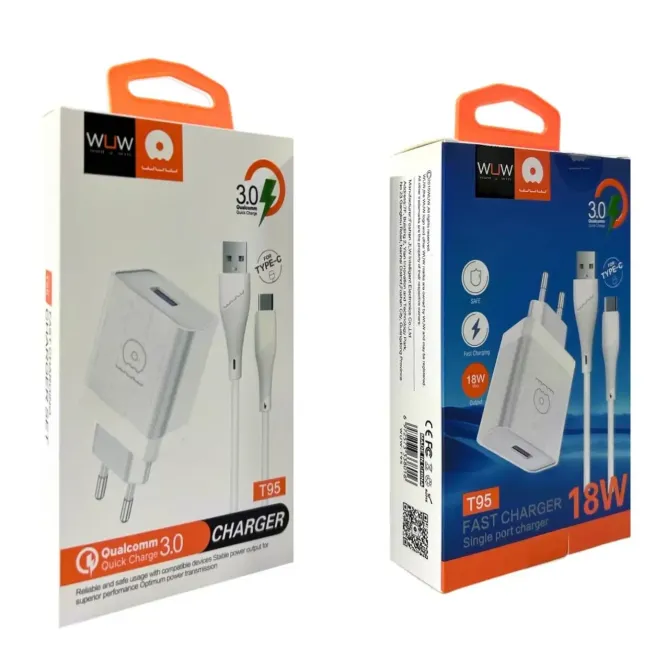 Зарядний пристрій WUW T95 220В 18Вт QC3.0 з USB і Type-C кабелем для швидкої зарядки телефонів та планшетів Одеса - фото 1