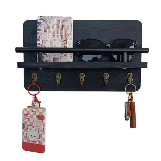 Полка подвесная для хранения мелочей и аксессуаров деревянная для кухни прихожей ванны 5 крючков 30х18х7.5 см,чёрная Каменец-Подольский