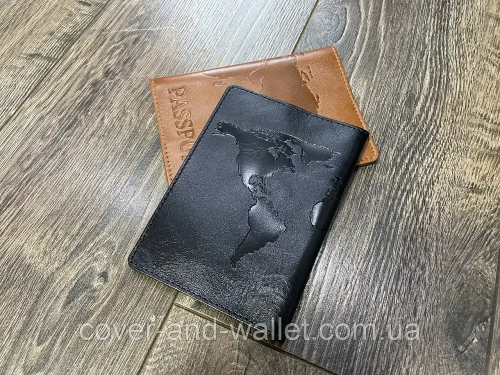 Обложка на паспорт карта мира из гладкой кожи в черном цвете ST Leather Киев - изображение 8