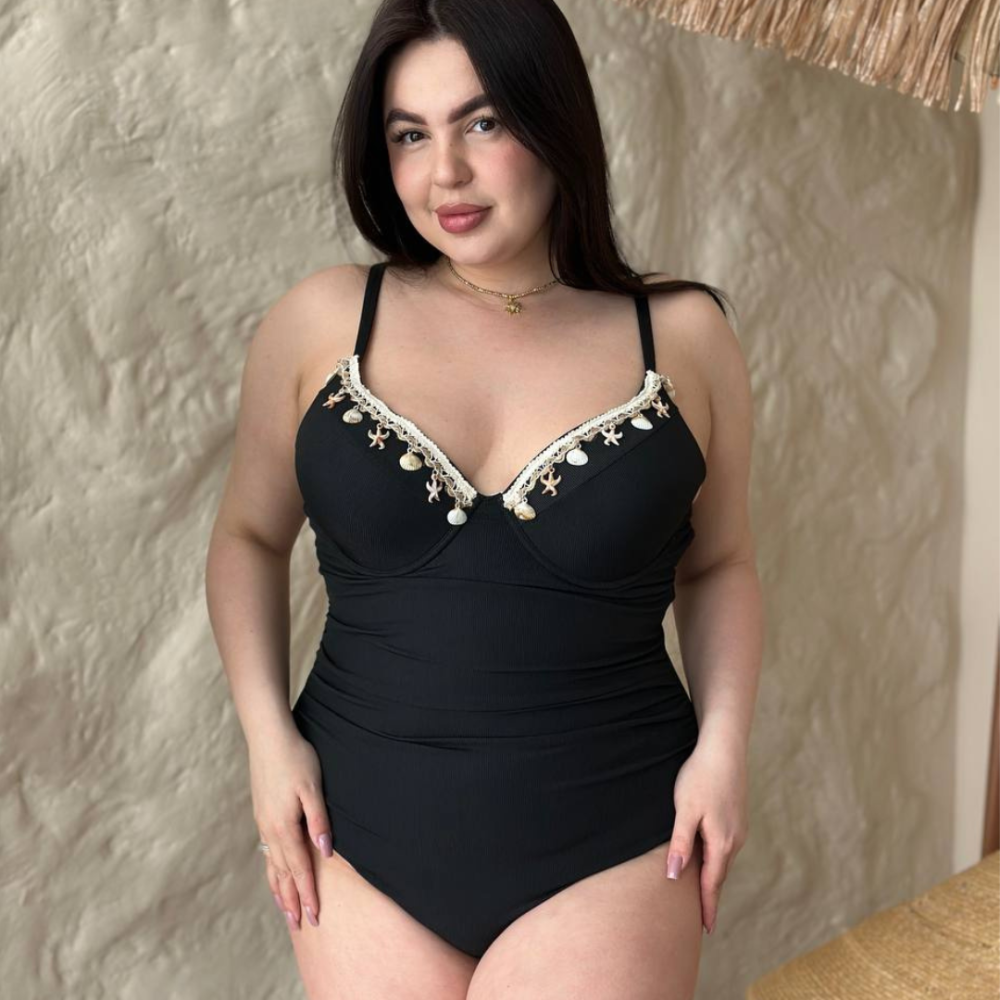 Жіночий купальник суцільний великого розміру на кісточках plus size на бретельках з морським декором чорний Одеса - фото 1