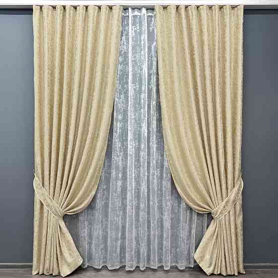 Комплект штор VR-Textil Льон Мармур 150х270 2шт і Тюль 500х270 1909ш-1400т Кремовий з білим 71-137/4 Київ