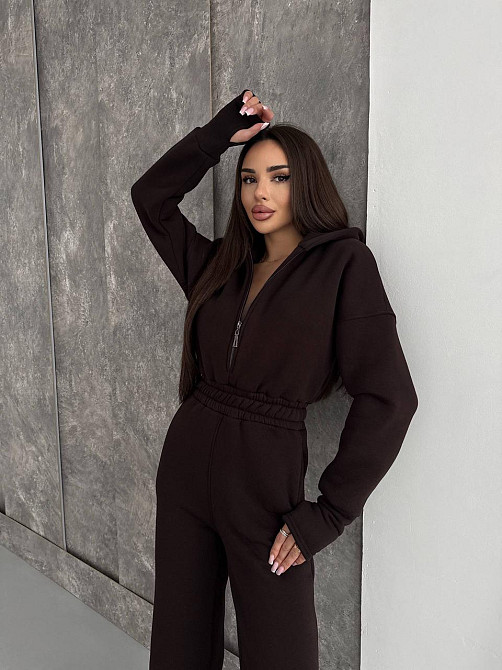 Жіночий теплий повсякденний комбінезон із капюшоном тринитка на флісі Шоколад, 42/46 Одеса - фото 10