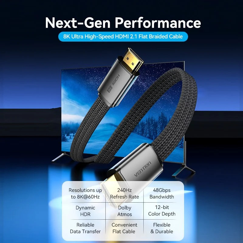 Кабель HDMI M - M, 2.0 м, V2.1, 8K 60Гц, плаский з обплетенням, Vention Винница - изображение 6