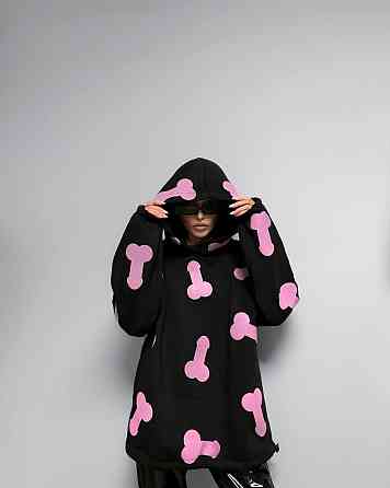 Женское теплое ОХУЕ*** худи оверсайз кроя на фиксаторах трехнитка на флисе Черный Одесса