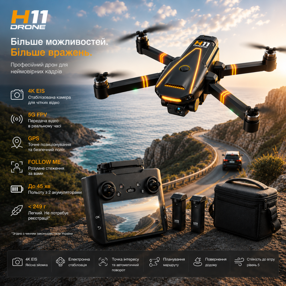Дрон H11 GPS с камерой 4K EIS, FPV 5G, пульт с HD-экраном, 2 аккумулятора, Follow Me, до 45 минут полёта, до 249 г Киев - изображение 8