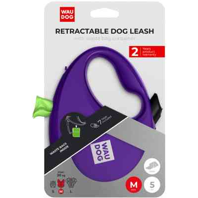 Поводок для собак WAUDOG R-leash с контейнером для пакетов M до 20 кг 5 м фиолетовый (26289) Винница