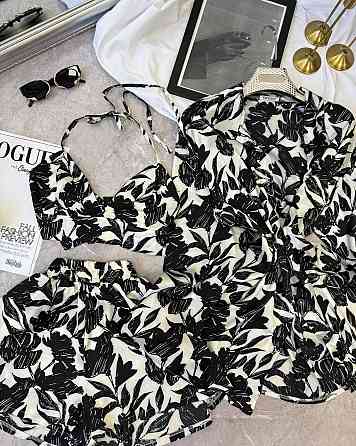 Жіночий легкий принтований костюм-трійка: сорочка топ і шорти із шовку Чорний Одеса