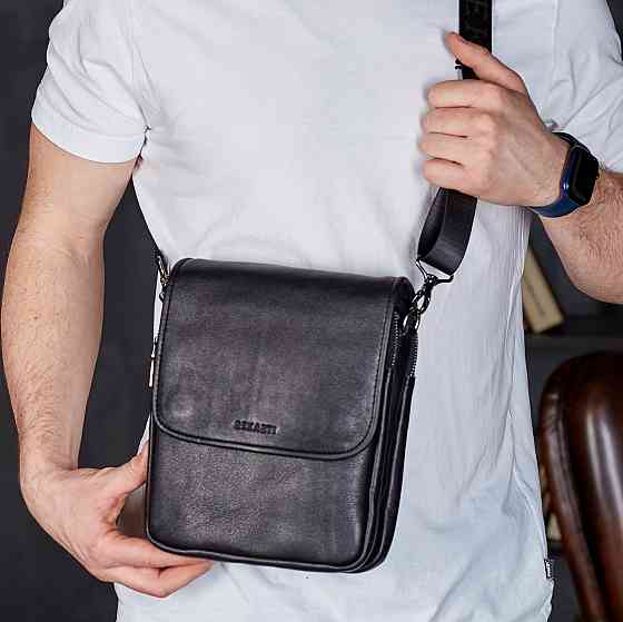 Сумка мессенджер с клапаном через плечо Tiding Bag (24 х 20 х 6 см) из натуральной кожи Черный Киев