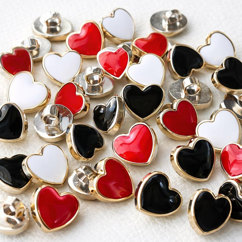 Пуговицы сердце микс 1.25 см набор 15 шт (черные, белые, красные) декоративные пластиковые пуговицы Киев - изображение 1