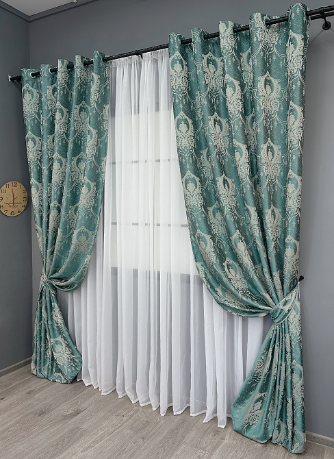 Комплект штор на люверсах VR-Textil Парча № 1777ш Бірюзовий з молочним 155х270 см 2 шт (37-0262) Київ - фото 3