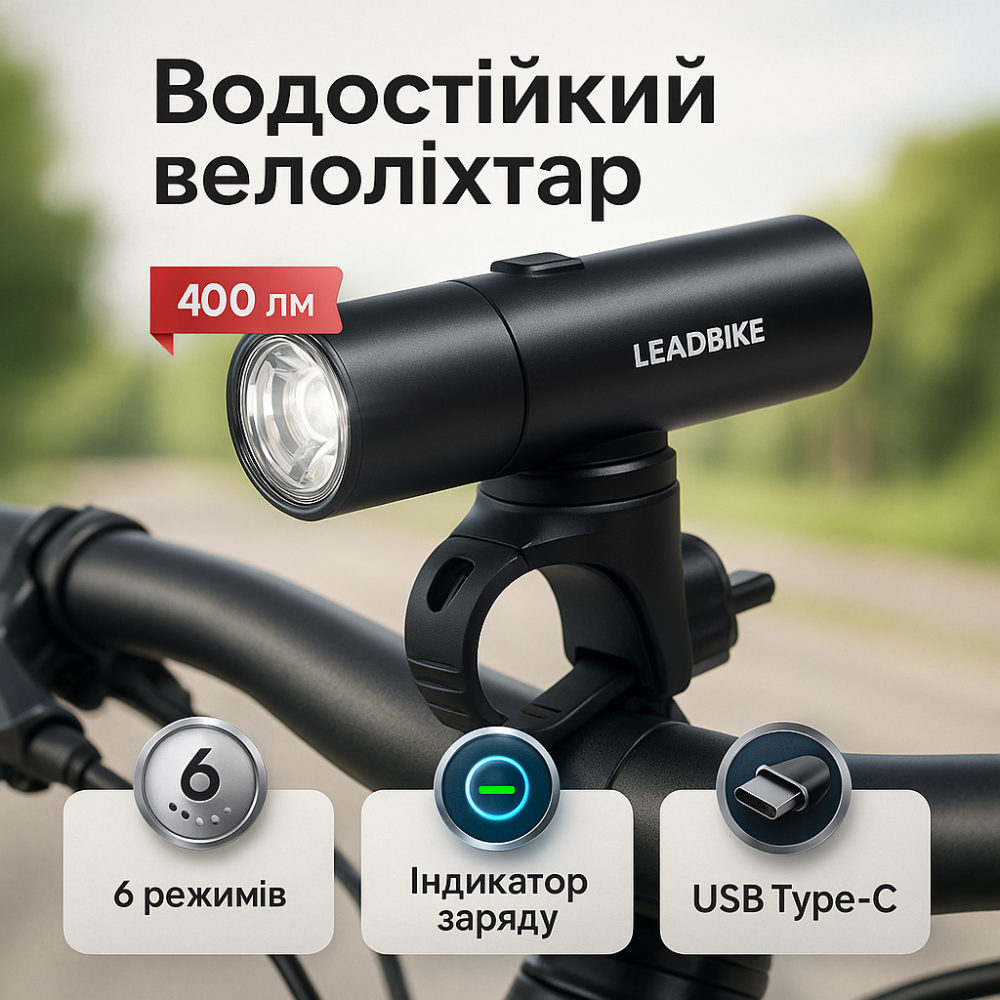 Ліхтар для велосипеда з акумулятором і зарядкою LEADBIKE, Довговічний велосипедний ліхтар DN-75 Львів - фото 9