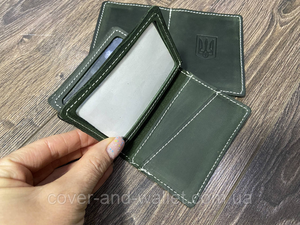 Кожаная обложка для id паспорта и прав с гербом Украины зеленого цвета Puos Киев - изображение 4