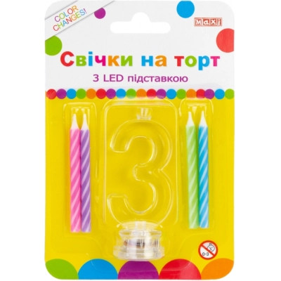 Свічка Maxi 4 шт. на торт з LED підставкою "3", що світиться (MX701007-3) Вінниця - фото 1