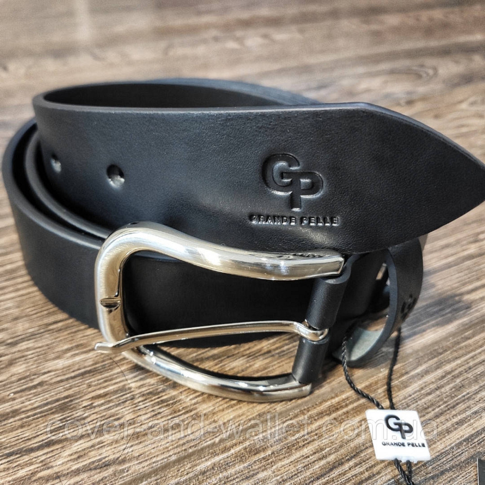 Стильний чоловічий ремінь із італійської шкіри чорного кольору під джинси Grande Pelle Casual Київ - фото 1