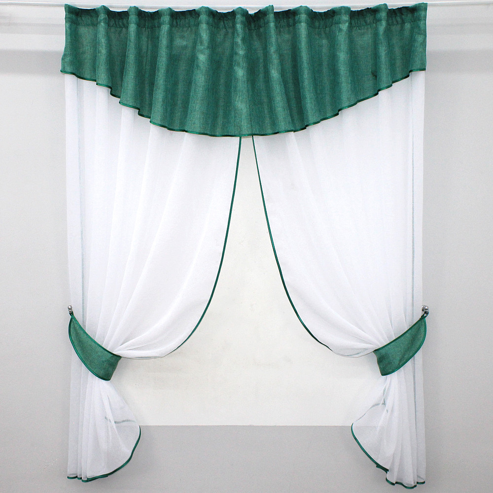 Кухонные шторы VR-Textil № 084к с ламбрекеном и подвязками белый с бирюзовым 270х170 см (52-0553) Киев - изображение 1