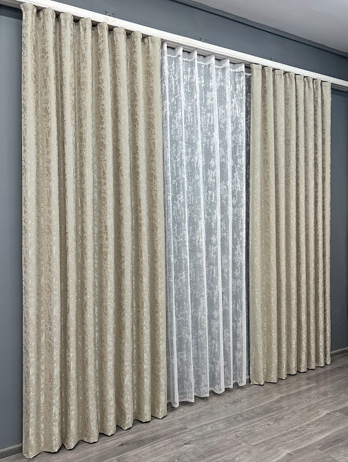 Комплект штор VR-Textil Льон Мармур 200х270 2шт і Тюль 500х270 1272ш-1400т Теплий бежевий з білим 71-135/6 Київ - фото 3