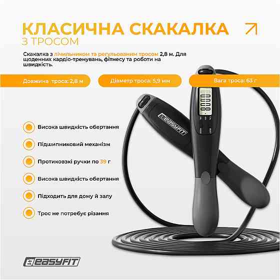 Скакалка з лічильником EasyFit TwinRope швидкісна 2,8 м чорна-сіра Коломия