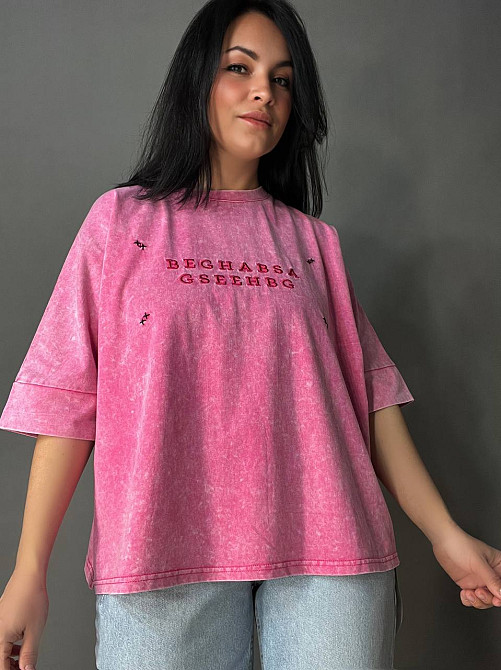 Футболка женская A-N 26028 тай-дай оверсайз с вышивкой, розовый, one size Киев - изображение 1