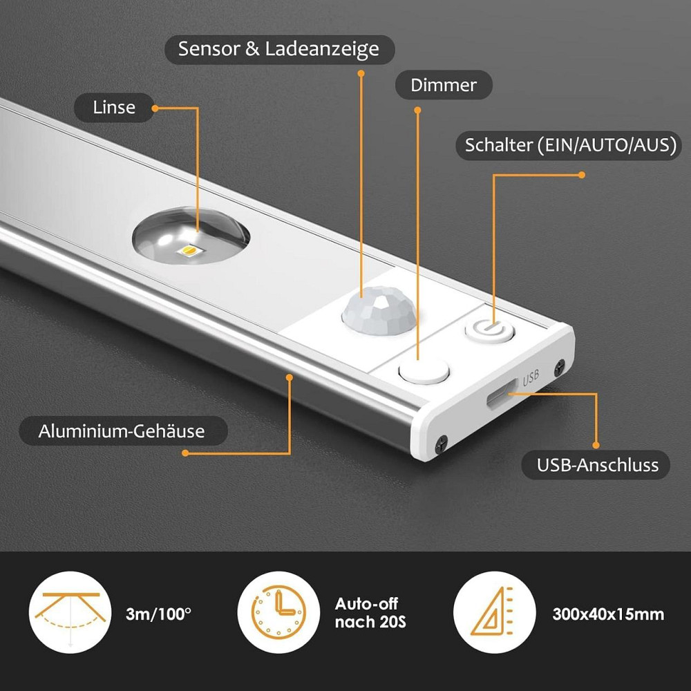 Світильник з датчиком руху OUILA 30 см, акумуляторний LED світильник USB Type-C, магнітний, 3 режими світла, для кухні, шафи Київ - фото 8