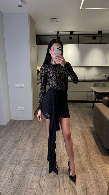 Жіноче романтичне мініплаття зі шлейфом мереживо + трикотажна підкладка Чорний, 44/46 Одеса - фото 7