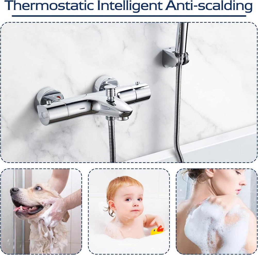 Термостатический смеситель для ванны SINKTORY с защитой 38℃, с двумя выходами воды, латунный, хромированный Киев - изображение 7